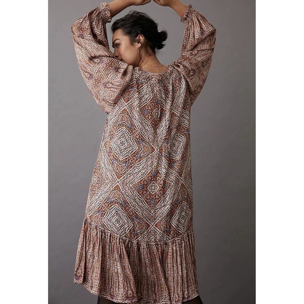 Anthropologie Sabia Flounced Tunic Dress Small Brown Multi V Neck Pockets Lined - Picture 5 of 16